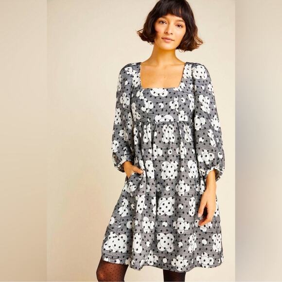 Anthropologie Dresses & Skirts - ANTHROPOLOGIE by Jane Black White Textured Floral Babydoll Dress Size 16